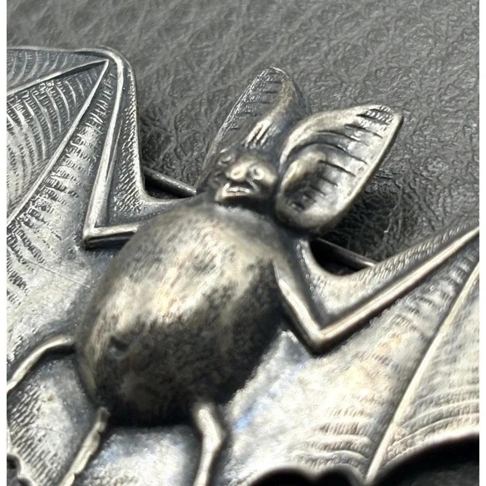 Vintage Bat Victorian Revival Brooch Pin Repousse Silver Tone Halloween Gothic